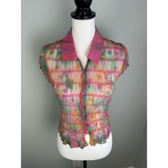 NWOT Free People Julie Printed "tropical Sunset" Lace Smocked Top - Size Small - Picture 1 of 9